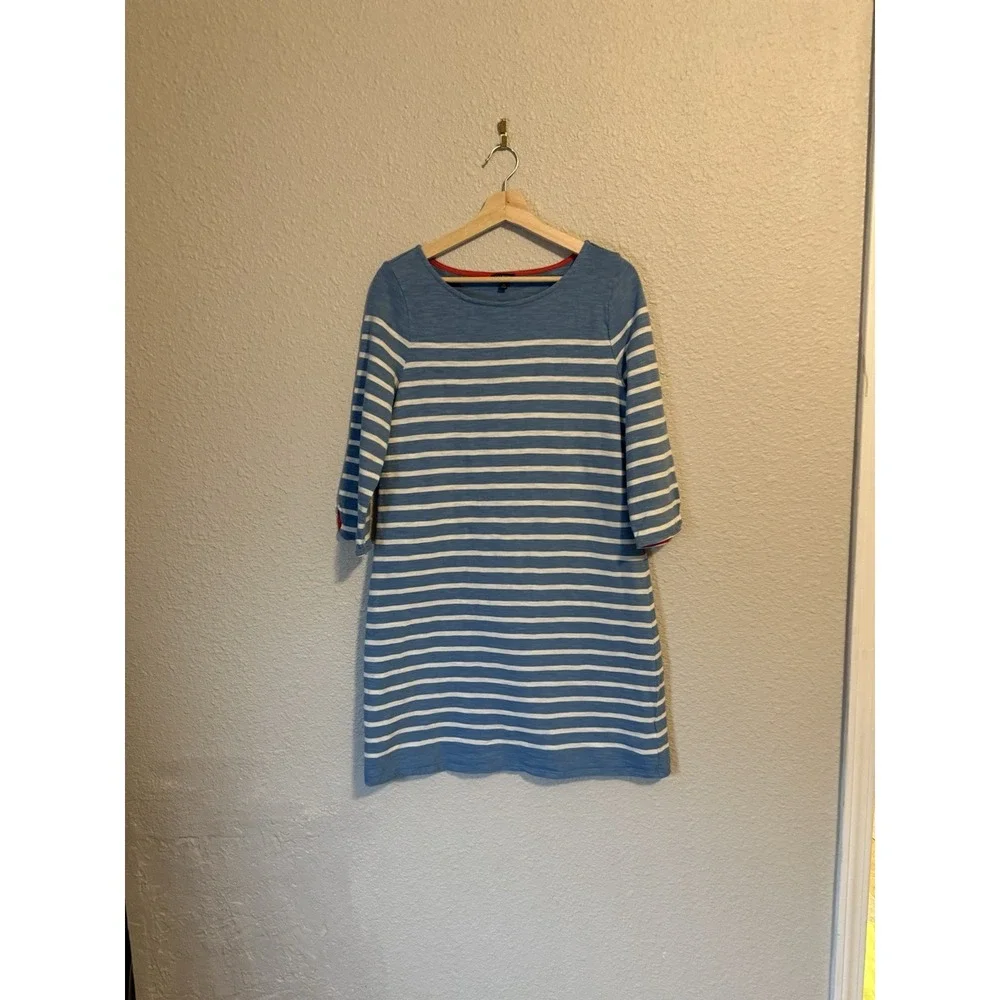 Talbots Dress Size L Petite Large Blue White Striped 3/4 Sleeve 100% Cotton